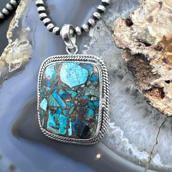 Sterling Southwestern Style Large Square Cooper Turquoise Pendant For Women - Picture 5 of 10